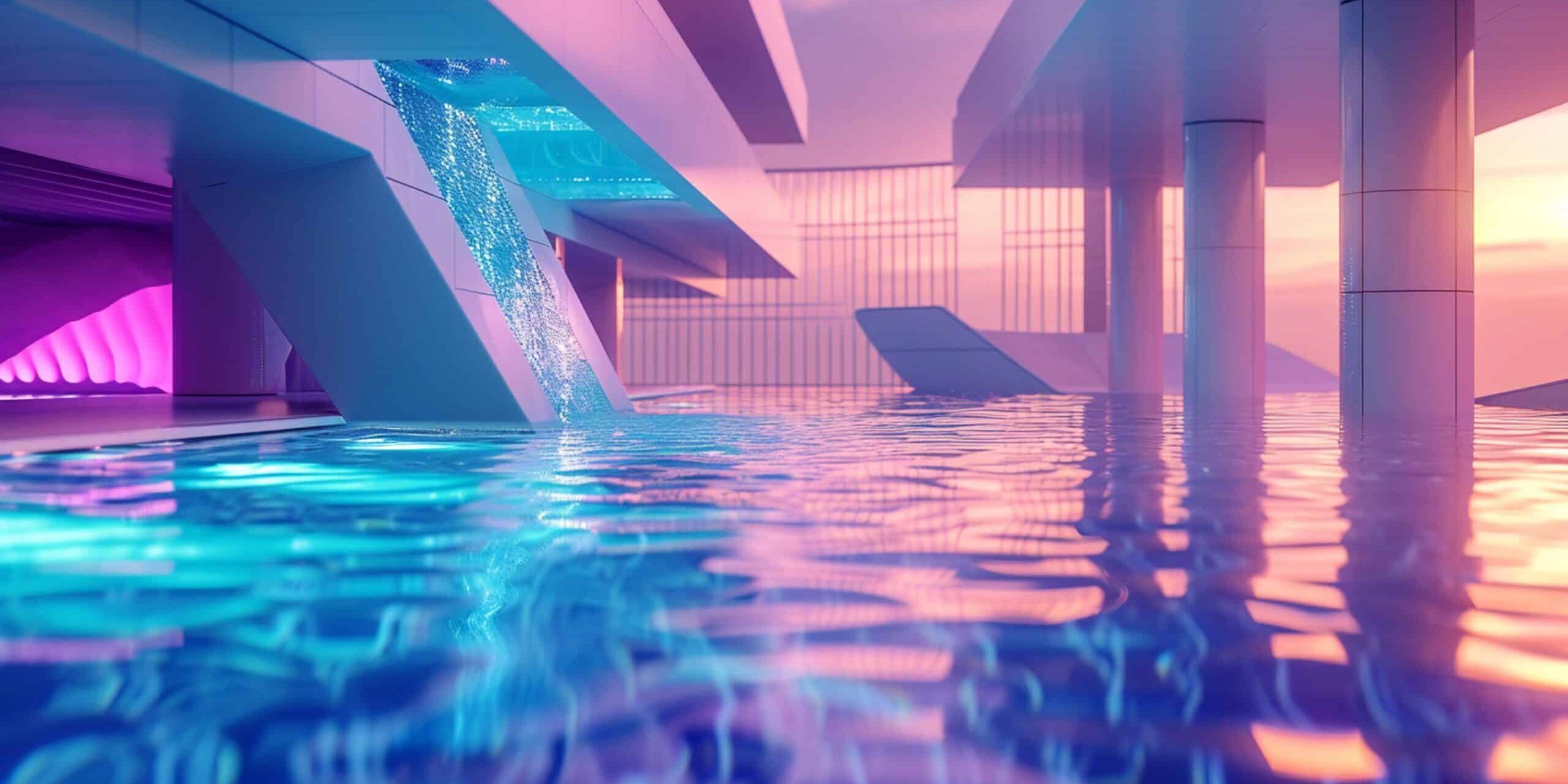 A futuristic, geometrically designed pool with changing led lights