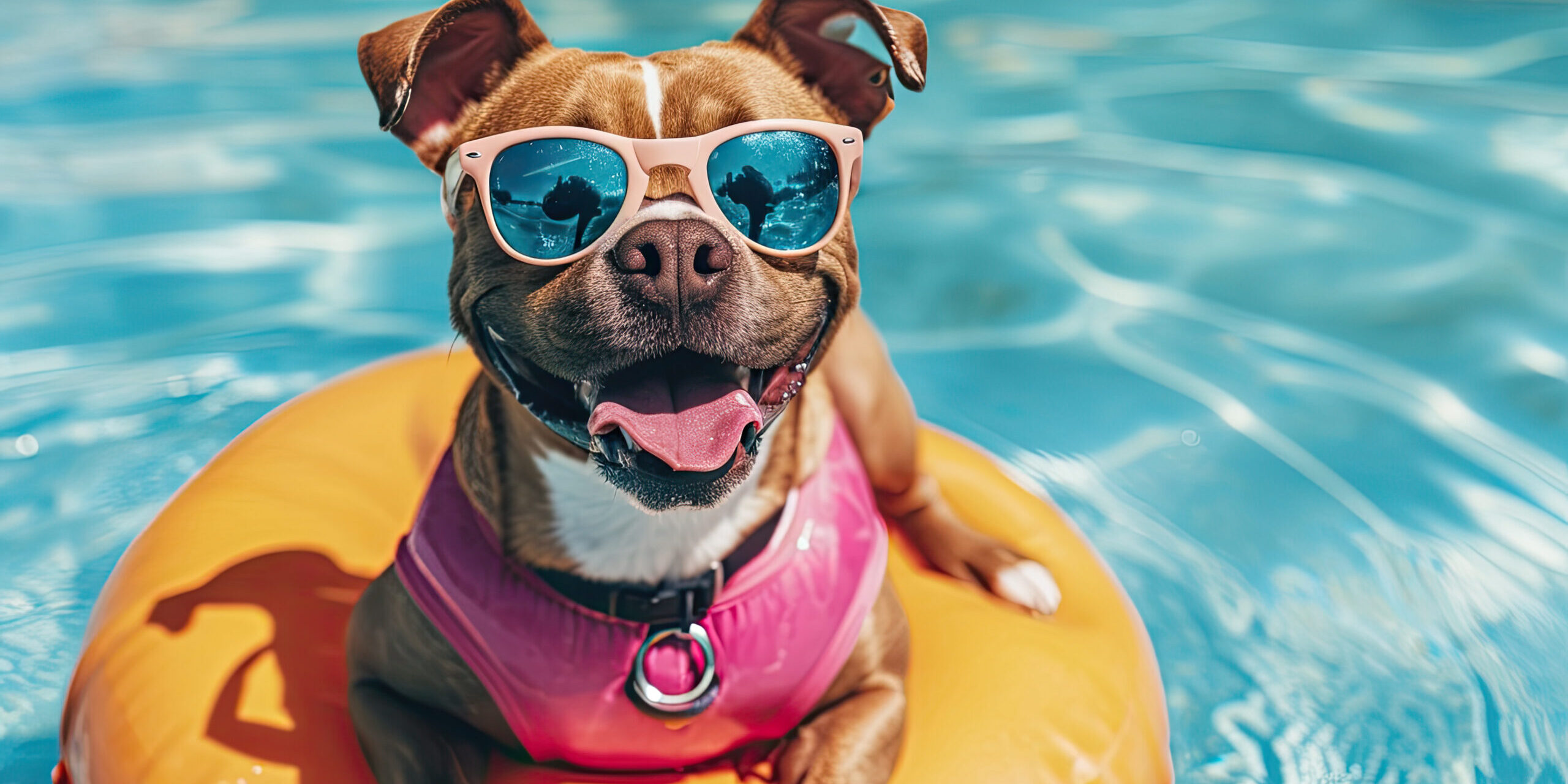happy dog with sunglasses and floating ring